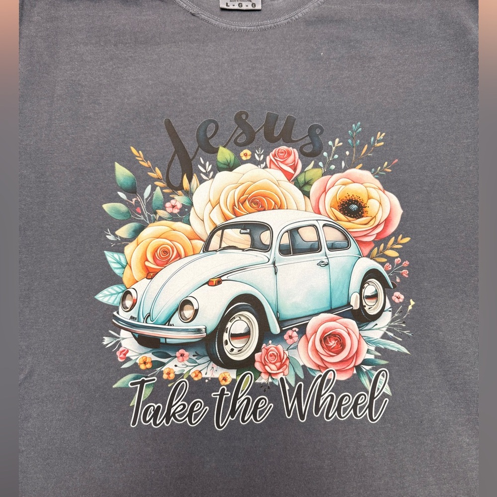 Comfort Colors Gray Tee with Car and Floral Design